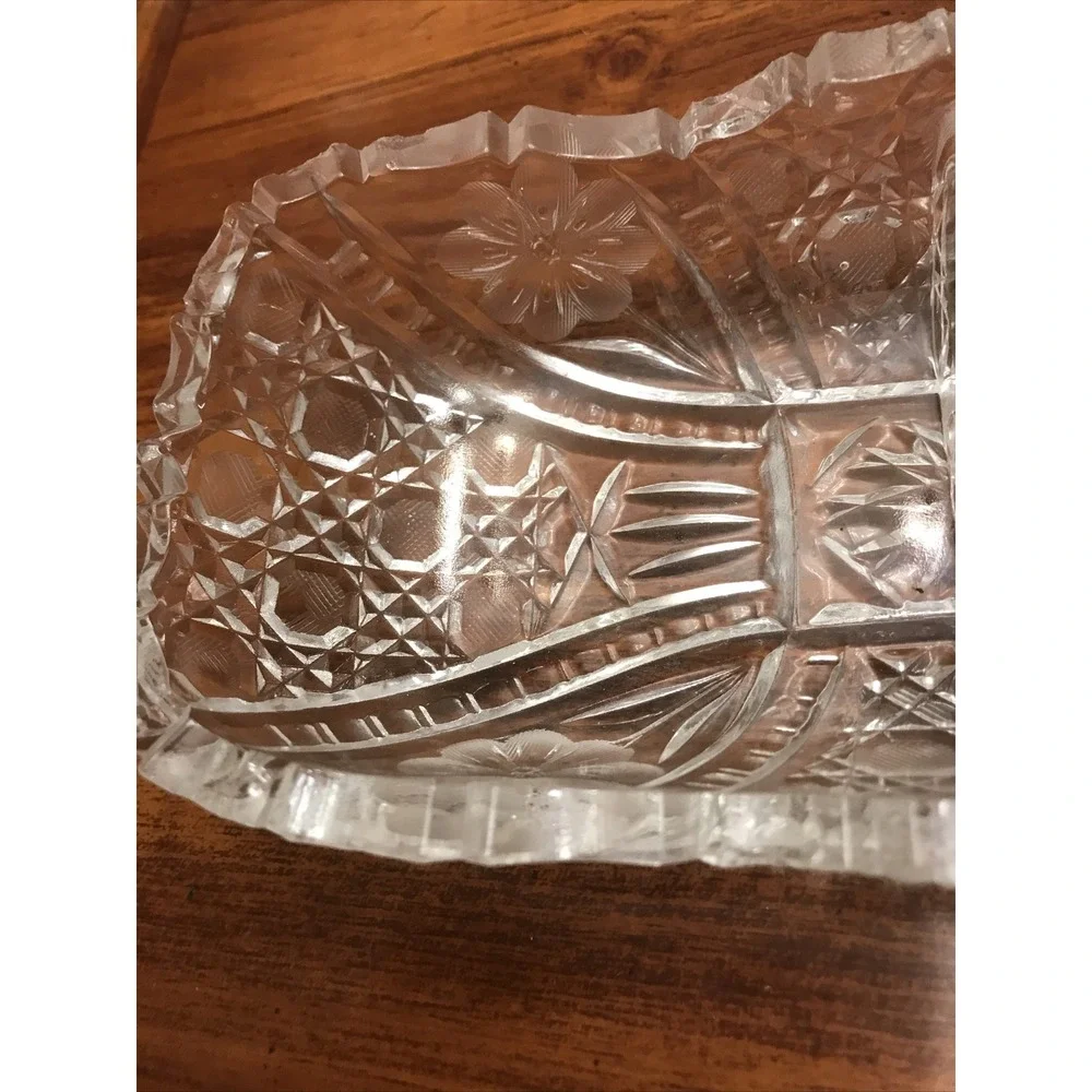 Vintage cut glass relish‎ Dish floral design Sawtooth Divided 8 In